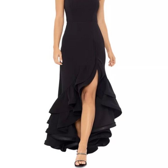 Betsy & Adam Black Ruffle Halter Crepe Gown - Picture 2 of 6